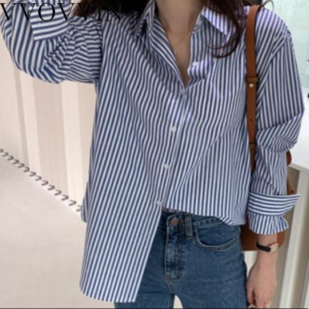 attention blue pinstripe button down blouse - Picture 1 of 9